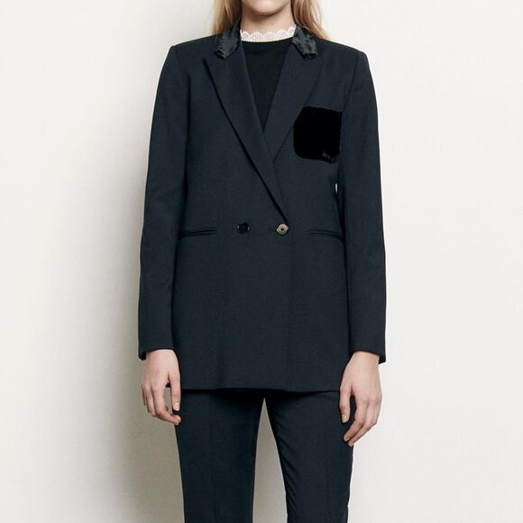 Sandro Tailored Jacket With Velour Pocket - 38 - Navy Blue - Picture 3 of 7